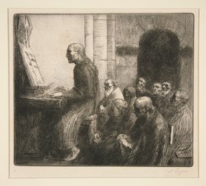 Mnich hrající na varhany v kostele od Alphonse Legros