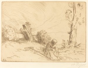 Rolnická žena sedící poblíž živého plotu od Alphonse Legros