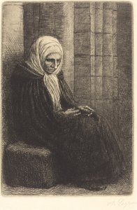 Žena sedící u zdi, dítě s hlavou v klíně Femme assis, muraille au fond.... od Alphonse Legros