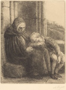 Žena sedící u zdi, dítě s hlavou v klíně Femme assise, muraille.... od Alphonse Legros