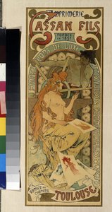 Reklamní plakát pro tiskárnu "Cassan Fils, luxusní, umělecký a komerční tisk"" v Toulouse. Plakát Alfonse Marie Muchy (Alphonse Marie Mucha od Alphonse Marie Mucha