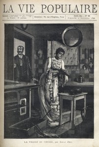 Elegantní žena voskuje botu v kuchyni domu. Muž za ní otevírá dveře. Ilustrace Alfons Maria Mucha (Alphonse Marie Mucha od Alphonse Mucha