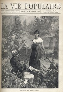 Starý muž čte dopis krásnému mladému rolníkovi, který drží falešný (žnec). V dálce scénu sledují lovci. Ilustrace Alfons Maria Mucha (Alphonse Marie Mucha od Alphonse Mucha