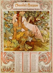 Kalendář Chocolate Masson ilustrovaný Muchou (1860 – 1939). český secesní malíř od Alphonse Mucha