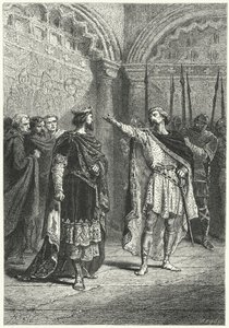 Hugh Capet, král Franků, a vzpurný hrabě Adalbert z Perigordu, 987 (rytina)