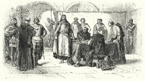 Vyhlášení katolicismu jako náboženství gótského království ve Španělsku na třetím koncilu v Toledu, 589 (rytina)