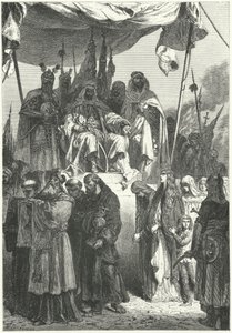 Saladin sleduje zajaté křesťany, kteří procházejí kolem po dobytí Jeruzaléma