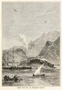 Vložili na Steamer Point, z knihy „Around the World in Eighty Days“ od Julese Verna (1828-1905), vyryté Louisem Dumontem (nar. 1822)