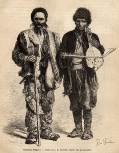 Bulharští potulní žebráci, včetně slepce hrajícího na guzlu (srbská loutna má provaz), který doprovází recitaci poezie a epických recitálů, vyrytých podle kresby A. De Neuvilla, ilustrující cestu do Bulharska, od Guillauma Lejeana od Alphonse Marie de Neuville