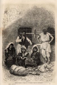 Bulharští dělníci, poblíž Sophie, rytina podle kresby A. De Neuville, ilustrující cestu do Bulharska, od Guillauma Lejeana, v roce 1867, publikovaná v „“Le tour du monde““ 1873, editoval Edouard Charton, vydání Hachette, Paříž . Kolekce Selva od Alphonse Marie de Neuville