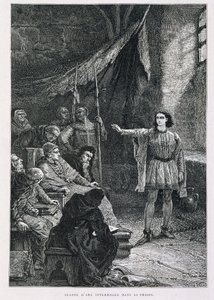 Johanka z Arku vyslýchána ve svém vězení - v „“ Histoire de France““ od Guizota, rytina De Neuville od Alphonse Marie de Neuville