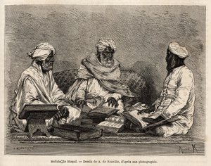 Les mullahs de la mosque de Bhopal, v plné diskusi o sporných bodech muslimského náboženství, rytina podle kresby A. de Neuville, ilustrující cestu Rajahů v Indii, v letech 1864-1868, Louis Rousselet, publikovaná v ““ Le to od Alphonse Marie de Neuville