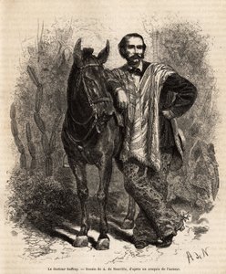 Portrét Dr. Saffraye, paže na koni, v cestovních šatech, rytina podle kresby A. de Neuville, znázorňující cestu do Nové Granady, od Dr. Saffraye, v roce 1869, publikovaná v „“Le tour du monde““ “ 1873, editoval Edouard Charton, Hachette editi od Alphonse Marie de Neuville