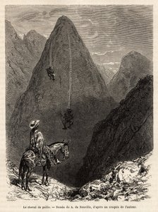 Indiáni ze státu Boyaca sestupují na slaměných koních z hory pokryté trávou, skládající se ze svazku dlouhé trávy, na který se posadí caliphourchon, aby sjížděl svahy plnou rychlostí, pouze silou gravitace, rytina po dra od Alphonse Marie de Neuville