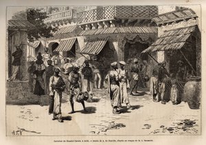 Křižovatka Chandni chowk, ulice zlatých červů, hlavní tepna obchodních a řemeslných aktivit, která protíná Dehli od velké brány paláce k bráně Lahore, rytina podle kresby A. de Neuville, ilustrující cestu