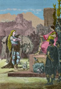 Vercingetorix se vzdává Juliovi Caesarovi po porážce u Alesie v roce 52 př. n. l. (Rytina)
