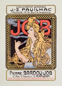 Reklamní plakát na cigaretový papír Zakázku vytvořil Alphonse Mucha (1860-1939) 1900 - Slunce 12x8 cm Reklamní plakát na cigaretový papír Zakázku vydal Alphonse Mucha, 1900 - soukromá sbírka