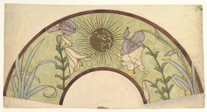 Design pro vějíř s sunburstem, liliemi a kosatci, konec 19. - polovina 20. století od Alphonse Mucha