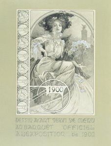 Oficiální banket pařížské mezinárodní výstavy 1900. Design pro menu. od Alphonse Mucha