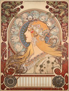 Plakát Alphonse Muchy (1860-1939) pro časopis „La plume“, 1896 - Ilustrace plakátu Alphonse Muchy (1860-1939) pro recenzi „La plume“, 1896 (Dim 65x48 cm) - Soukromá sbírka