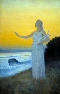 Hymna k moři Mladá žena držící lyru směrem k moři. Postava evokující řeckou básnířku Antiquite Sapho. Obraz Alphonse Osberta (1857-1939) Soukromá sbírka z roku 1900