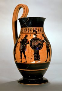 Podkrovní černofigurová olpe zobrazující Athénu konfrontující Poseidona, 6. století př. n. l. (keramika)