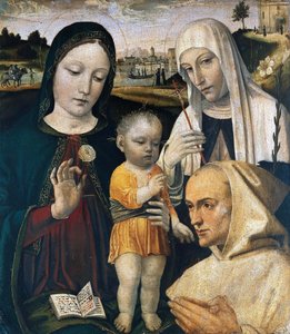 Madona s dítětem, svatá Kateřina Sienská a kartuziánský mnich, c. 1490.