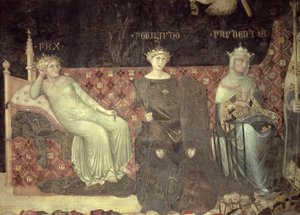 Alegorie dobré vlády, detail míru, statečnosti a obezřetnosti, 1338-40 od Ambrogio Lorenzetti
