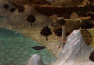 Hrad na břehu jezera, Ambrogio Lorenzetti (1290-cca 1348), Tempera na dřevě, 22,5x33 cm od Ambrogio Lorenzetti