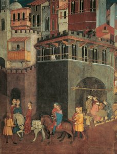 Účinky dobré vlády ve městě, Procesí šlechty v ulicích města, detail Alegorie a Účinky dobré a špatné vlády na město a venkov od Ambrogio Lorenzetti