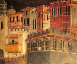 Účinky dobré vlády ve městě, domy, detail z Alegorie a účinky dobré a špatné vlády ve městě a na venkově od Ambrogia Lorenzettiho (aktivní 1285-1348), freska, detail Síň míru, Palazzo Publico, Siena od Ambrogio Lorenzetti
