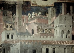 Efekty dobré správy ve městě, detail architektury a stavby domu od Ambrogio Lorenzetti