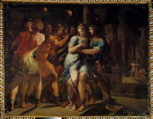 Únos Chariclee Theagenem”” Ilustrace “Etiopie aneb historie lásky k Theagene a Chariclee””” od Heliodora (Heliodoros) od Emese (4. století našeho letopočtu). Obraz od Ambroise Duboise (1542-1614)