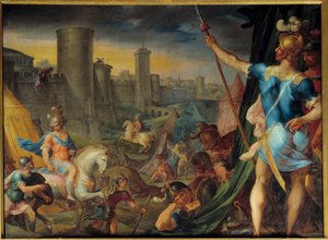 Tábor na křížích před Jeruzalémem Ze série „“ Histoire de Tancrede et de Clorinde““ ilustrující „“ La jerusalem delibree“““ básníka Le Tasse (Il tasso) Obraz Ambroise Duboise (1542-1614) Slunce . 1,62 x 2,15 m Fontainebleau. hrad