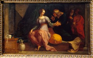 Doktor Acestinus zkoumá Charicleeho ilustraci „Etiopie aneb historie lásky k Theagene a Charicleovi“ od Heliodora (Heliodoros) od Emese (4. století našeho letopočtu). Obraz Ambrose Duboise (1542-1614) 1610 Ne. 1,3x2,35 m Fontainebleau Museum of the Ch