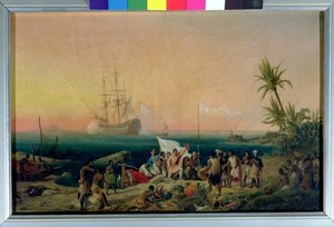 Jean de Bethencourt (asi 1360-1425), normanský mořeplavec, objevil ostrov Lanzarote v roce 1402, 1848 od Ambroise Louis Garneray