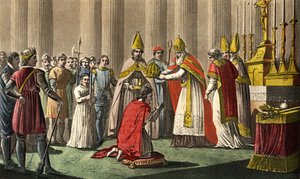 Karel Veliký (742-814) korunován papežem Lvem III. (c750-816) v bazilice sv. Petra v Římě 25. prosince 80 - Posvátno (korunovace) Karla Velikého (742 - 814) v roce 800 papežem Lvem III. Navrhl a vyryl Ambroise Tardieu v roce 1825.