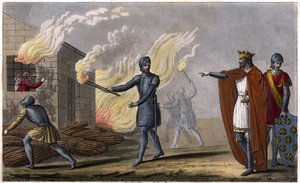 Clotaire (Clothaire) I (497 - 561) upálí svého syna Chramneho v chatě, vzpouru proti němu - Reign of Clotaire. Clotaire upálil v chatě jeho syn Chramne se proti němu vzbouřil - Dessine et grave od Ambroise Tardieu v roce 1825. od Ambroise Tardieu