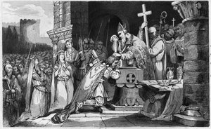 Clovis I (465-511) pokřtěn s muži ze své armády před bitvou u Tolbiacu - Bapteme of Clovis 1., 25. prosince 496: le roi des Francs (466-511) je pokřtěn Saint Remi (437-533), předvečer Remeš, v kostele svatého Martina - rytina 1825 v „Histoi