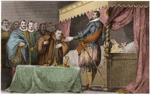 Jindřich III. (1551-1589), francouzský král, uznává na smrtelné posteli Jindřicha Navarrského (Henry IV.) za svého legitimního nástupce - Saint-Cloud, 2. srpna