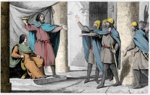 Ludvík V. Indolent ukazuje svou korunu svým následovníkům v roce 986 - Louis V le Faineant (asi 967-987), prohlášen za krále Francie ochranou Huguese Capeta, který se stal francouzským králem, v roce 986 - Rytina z roku 1825 v „ Histoire de France zastoupe od Ambroise Tardieu