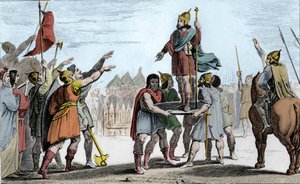 Pharamond I (c370-427), král Franků. Jeho lidé, kteří ho zvolili králem, vyzdviženi na štítu - Pharamond, uznaný Francs-Saliany a Galy sjednocenými v jeden lid, je vyzdvižen na štítu a vítězně prochází táborem - Legen