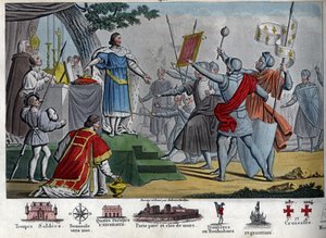 Filip II. (1165-1223), král Capetianus, známý jako „Augustus“, navrhuje dát korunu svým vojákům, pokud si ji budou moci ponechat jeden den před bitvou u Bouvines, ale všichni si raději ponechají svého krále. Vítězstvím v této bitvě zničil Filip II koalitu od Ambroise Tardieu