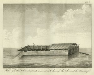 Nákres člunu s plochým dnem, který se používá ke sjíždění Ohia a Mississippi, vydaný v roce 1826. od Ambroise Tardieu