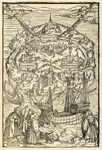 Mapa Nového ostrova Utopie z vydání Utopie z roku 1518 od Sira Thomase Morea (1478-1535), poprvé vydaného v roce 1516. Dřevoryt Ambrosia Holbeina (asi 1494-asi 1519) zobrazující ostrov s protagonis