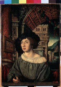 ""Portrait Of A Young Man"" Postava vysoké úrovně v renesančním stylu. Malba Ambrosia Holbeina (1494-kolem 1520) 1518 Rozměr 44x32,5 cm Muzeum Ermitáž, Petrohrad