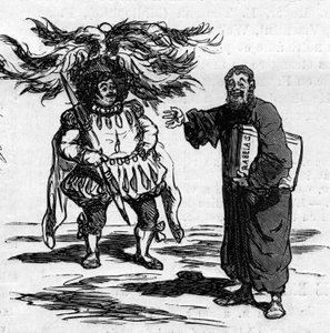 Radost z Rabelais vidět Gustava Dorea se plně ztotožňuje s muži jeho psaní. Karikatura Cham. Rytina v „“ Le Monde Illustré““ č. 821 ze 4. ledna od Amédée de Noé