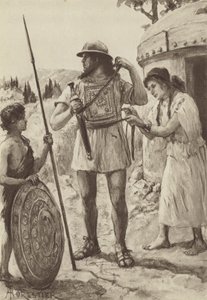 Italský farmář z doby bronzové vyzbrojující se k bitvě (litho)
