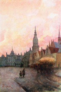 Grande Place a zvonice, Furnes (barevná litografie) od Amedee (after) Forestier