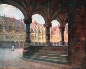 Biskupský palác - Vnější dvůr, Liege (barevná litografie) od Amedee (after) Forestier